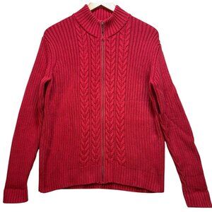 Lands End Womens Fisherman Cable Knit Cardigan Sweater Full Zip Sz L 14-16 Red